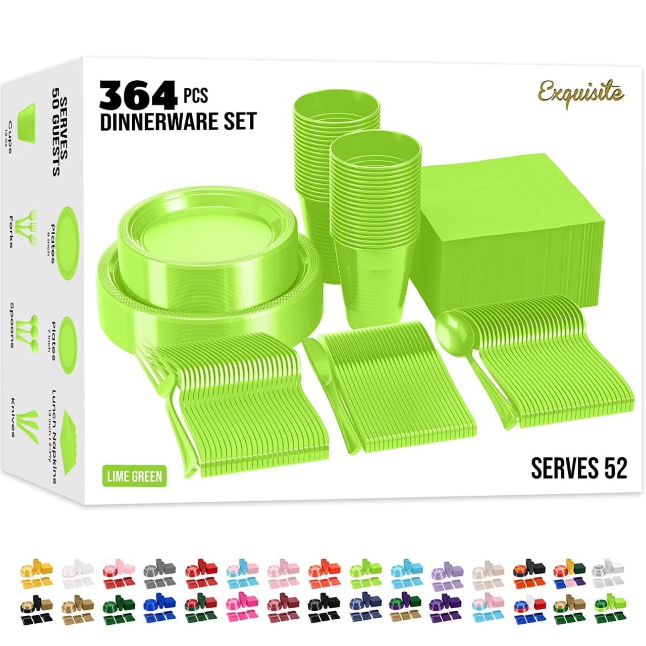 Exquisite 350 Pcs Plastic Plates for Party – Disposable Plates Set – 50 Each of 9" Dinner Plates, 7" Dessert Plates, Plastic Cups, Napkins & Plastic Cutlery – Plastic Dinnerware by Party Solids